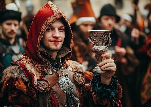 Mittelalter-Fest - Mann im fantasievoller Bekleidung geht durch die Menschenmenge mit einem Trinkpokal in der Hand