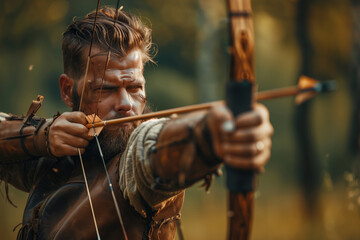 Focused Archer Perfecting His Skills in a Field of Golden Grass at Dusk