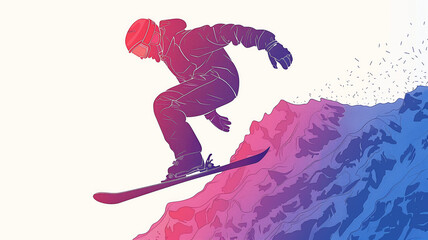 Fototapeta premium Dynamic Winter Landscape With Snowboarder Mid-Air Above Majestic Snow-Covered Mountains