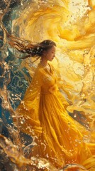 Obraz premium Dynamic artwork of a woman enveloped in vibrant golden waves. 