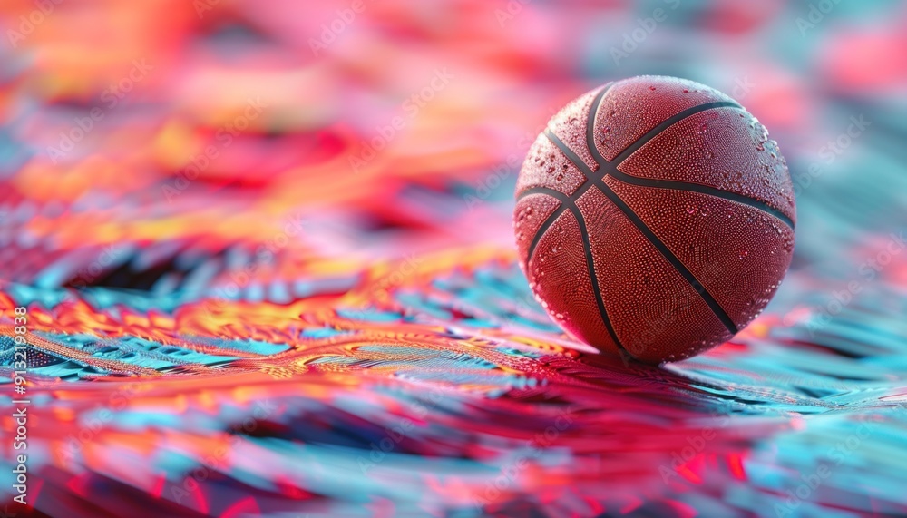 Poster wet basketball is resting on a vibrant, abstract surface with a shallow depth of field