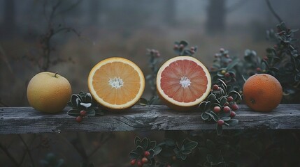   A cluster of oranges atop a wooden desk near a tree laden with foliage and fruit