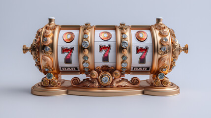 VIP reel of the slot machine combination 777, steampunk style, a luxury slot machine made of gold with white inserts, white background 