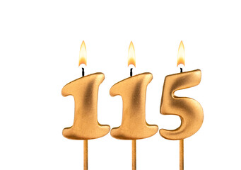 Birthday number 115 - Golden candle on white background