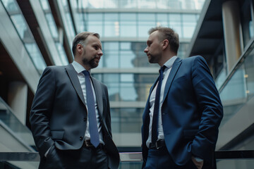 Two Professional Managers Engaged in Deep Conversation Inside a Modern Corporate Building
