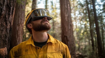 A forest worker observes the surroundings while wearing a virtual reality headset among towering redwood trees.