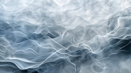 Obraz premium Abstract holographic smoke waves flying in the wind in gray and blue shades. Dark blurred background, holographic stripes. Banner background with space for text