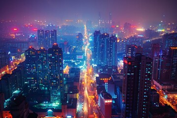 Busy City Street With Nighttime Traffic