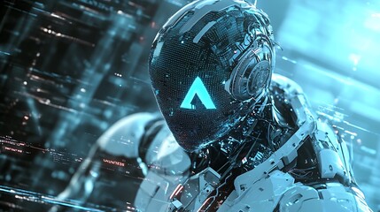 an algorithm showing the ai symbol, in the style of futuristic imagery, digital and glitchy, projection mapping, soft edges and blurred details, futuristic robots, dark silver and sky-blue,