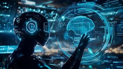 an image with a futuristic vibe, highlight the advantages of AI, high-tech style, showcase the efficiency and convenience of AI