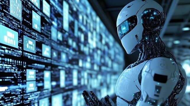 Robot Cyborg AI Transformation search engine widescreen background image ::1 Google AI million computer screens in a wall so large as to be inconceivable without end ::1