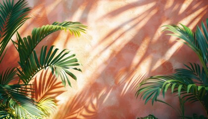 Obraz premium Tropical palm leaves are casting shadows on a textured orange wall