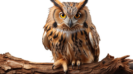 Naklejka premium sitting owl on a branch isolated transparent background.