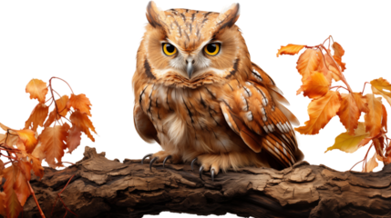 sitting owl on a branch isolated transparent background.