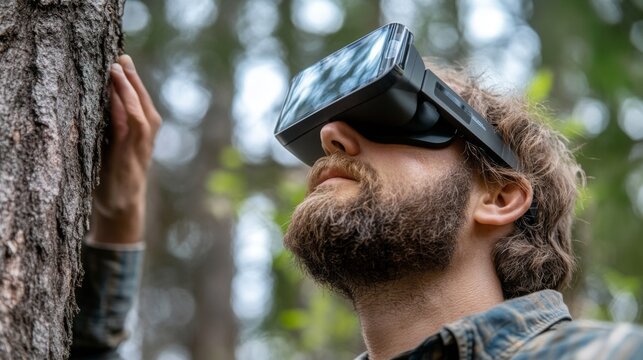 A man explores a forest while wearing virtual reality goggles, interacting with the natural surroundings.