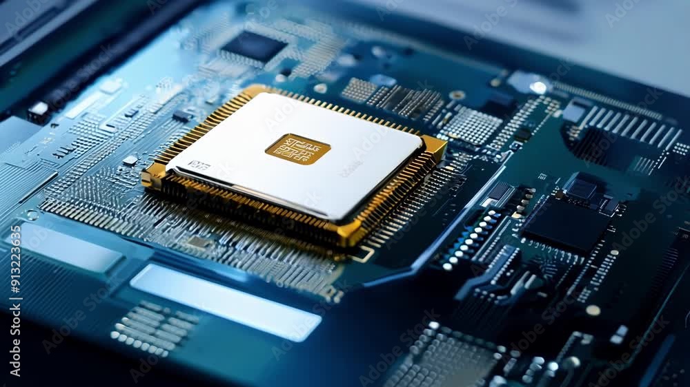 Poster a detailed look at a microprocessor positioned on a circuit board, showcasing intricate designs and 