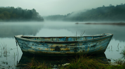 A dilapidated boat rests quietly on the water, enveloped in morning mist with trees framing the tranquil scene