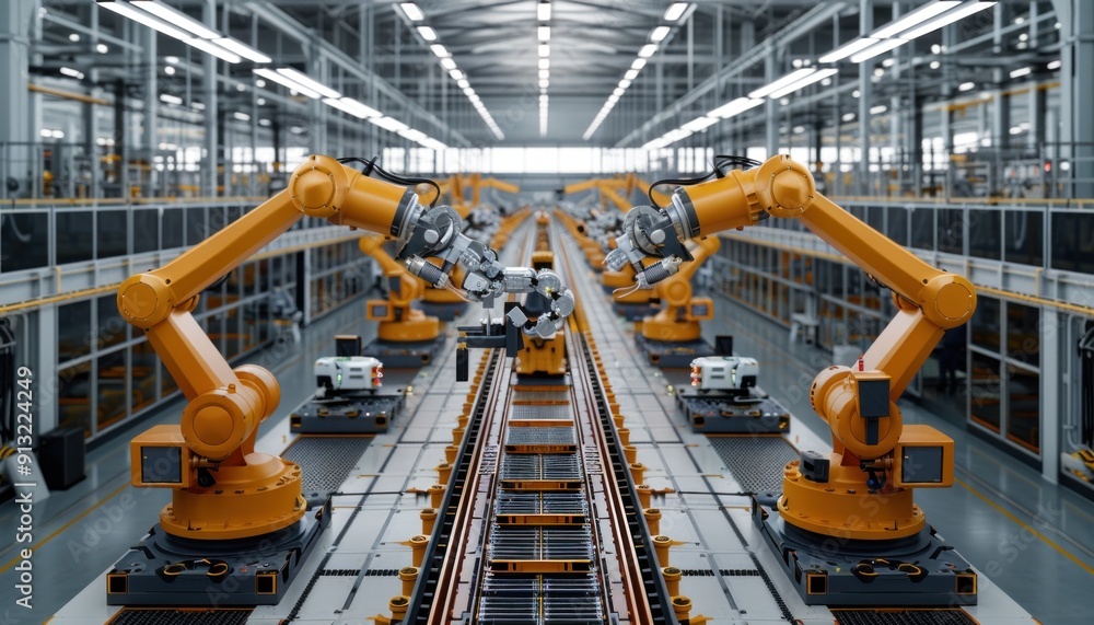 Poster row of robotic arms working on a production line in a car factory