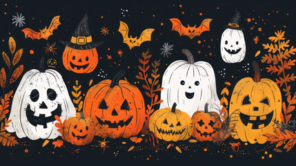 Halloween background with scary pumpkins on a black table, in a top view.