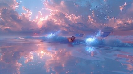 Fototapeta premium A flotilla of boats bobbing on a watery expanse beneath a cloudy canopy, with avian soarers overhead
