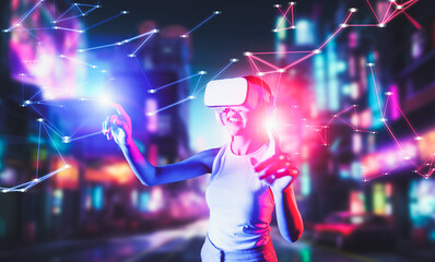 Female stand in cyberpunk style building in meta wear VR headset connect metaverse, future cyberspace community technology, using finger stab virtual objects and light appear on finger. Hallucination.