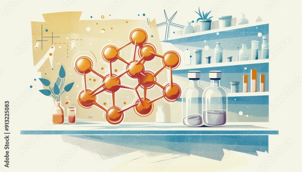 Poster illustration of an orange molecule model displayed prominently on a table in a laboratory setting