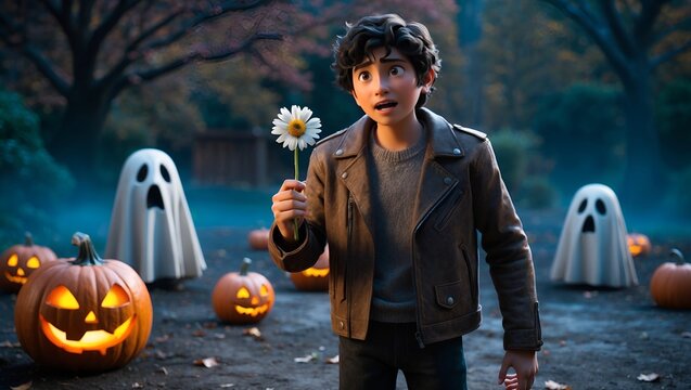  Cinematic, animated scene of Suresh holding a single flower, his face showing a mix of hope and fear, medium shot focusing on the flower in Suresh&rsquo;s hand, horrifying ground