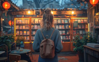 An adult Scandinavian individual shares art techniques in a charming bookstore café, creating an inviting atmosphere for eager learners