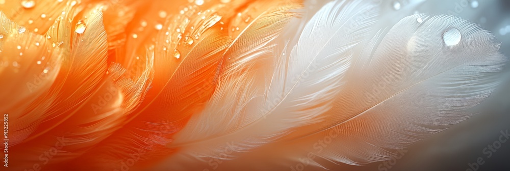 Poster a close up of a feather with a white and orange color pattern. the feather appears to be wet, giving
