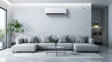 A chic living room with a sleek air conditioner mounted on the wall, stylish furniture, and elegant decor, creating a comfortable and inviting atmosphere. Generative AI