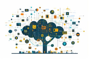 Digital Networking Tree With Icons and Connectivity Lines