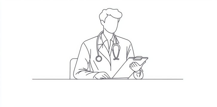 recommend clip art: Illustration of a physician with stethoscope and clipboard, single line art