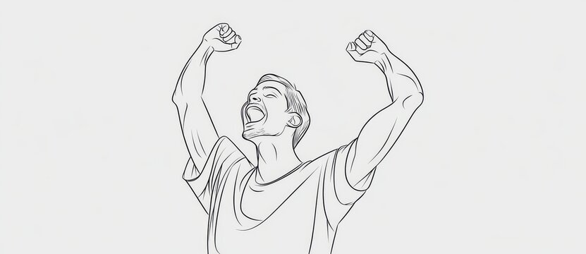 recommend clip art: A continuous line drawing of a cheering man with raised arms, an illustration created with line art