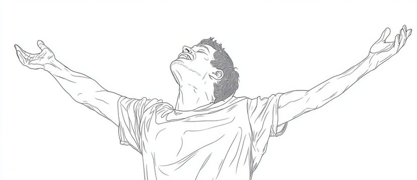 recommend clip art: An illustration of a cheering man with raised arms in continuous line art, a modern illustration in line art