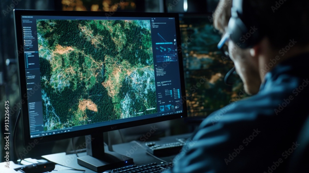 Fototapete An operator analyses detailed geospatial data on a large monitor, surrounded by screens displaying various analytics in a control room environment.