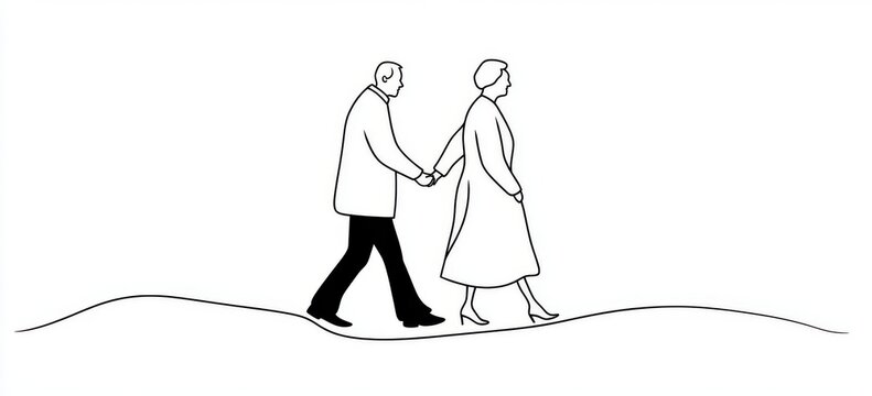 recommend clip art: Drawing of elderly couple walking hand in hand in line art style, modern illustration