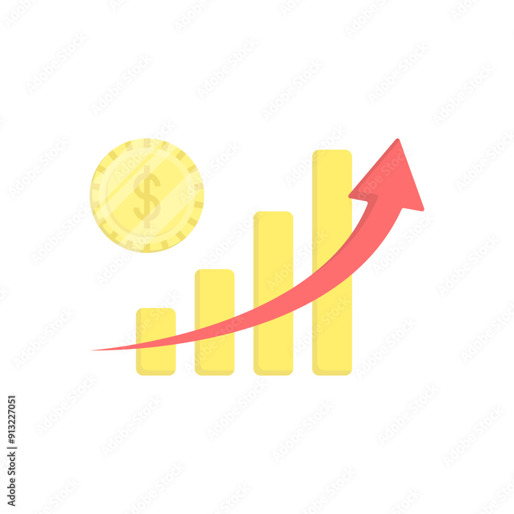 Poster graph up vector icon. dollar coin icon and business graph. business icon of growing graph. stock vec