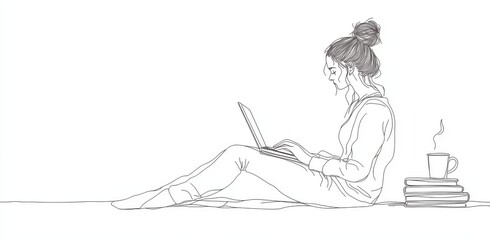 Illustration of a female college student using a laptop computer on her lap, in a continuous single line drawing