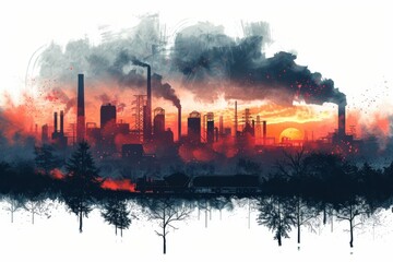 Industrial Skyline at Sunset With Pollution and Smoke