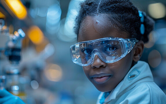 A child wearing safety goggles and a lab coat actively engages in scientific experiments, surrounded by laboratory equipment and bright lights