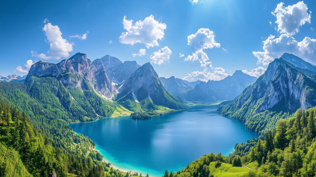 Beautiful colourful landscape of a blue lake in a green valley surrounded by mountains
