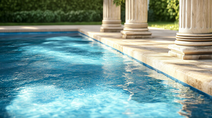 Obraz premium Close-up image of blue pool water surrounded columns and garden.