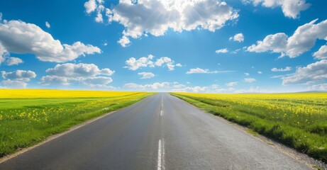 Long Road Leading into the Distance with Blue Sky, White Clouds, Green Fields, and Yellow Rapeseed Flowers