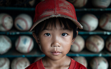 A young Asian child in a red shirt and cap gazes intently, set against a backdrop of stacked baseballs at a local baseball field