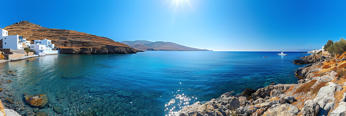 Coastal Village with White Buildings and Clear Blue Sea in Kythnos, Greece