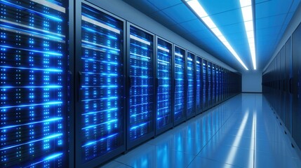 Futuristic data center with glowing servers and sleek design, showcasing modern technology and high-performance computing.