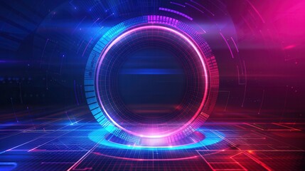 Futuristic digital background with vibrant neon lights and a glowing circular frame, perfect for tech or sci-fi themes.