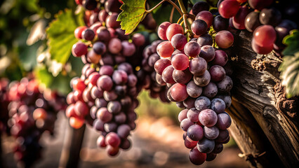 Vineyard with ripe grapes at sunset ,Bunch of Black Wine grape over green natural vineyard garden background, Kyoho Grape with leaves in blur background. generative ai