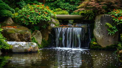 A tranquil waterfall in a Japanese garden surrounded by meticulously maintained plants and stones.