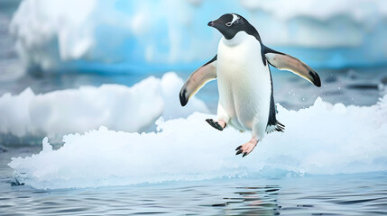 Fototapeta premium Adelie penguin a seabird native to the Antarctic region jumping gracefully between two drifting ice floes in a frozen icy landscape The penguin s dynamic movement and the serene